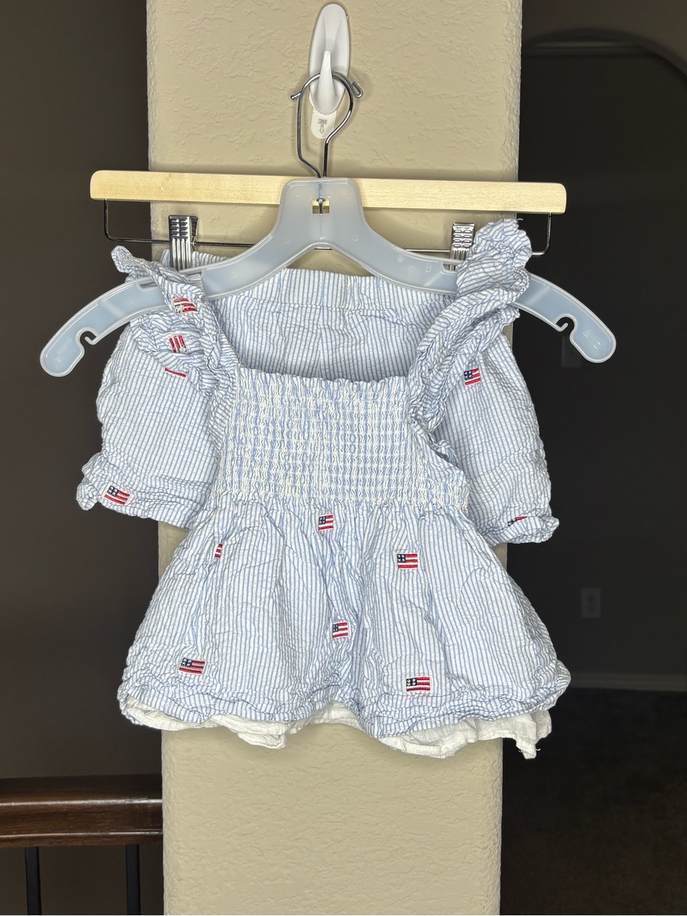 AdventureWear 360 Blue Stripe Smocked Top and Shorts with Flag Embroidery Size 6